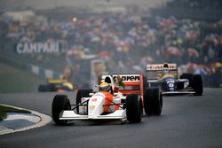 Ayrton Senna, McLaren MP4/8 Ford, celebrates 1st position