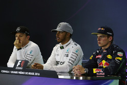 The FIA Press Conference (L to R): Nico Rosberg, Mercedes AMG F1, second; Lewis Hamilton, Mercedes AMG F1, race winner; Max Verstappen, Red Bull Racing, third