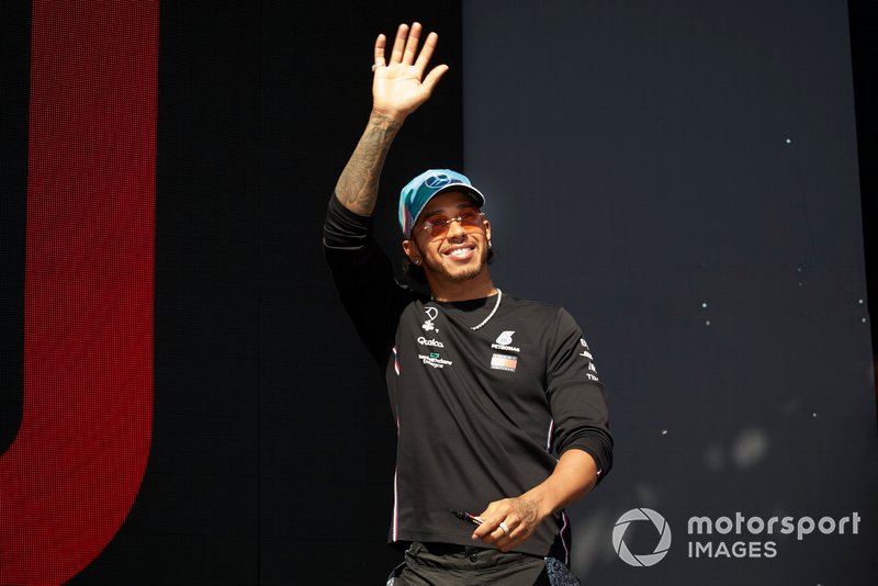 Lewis Hamilton, Mercedes AMG F1 on stage at the Fan Zone