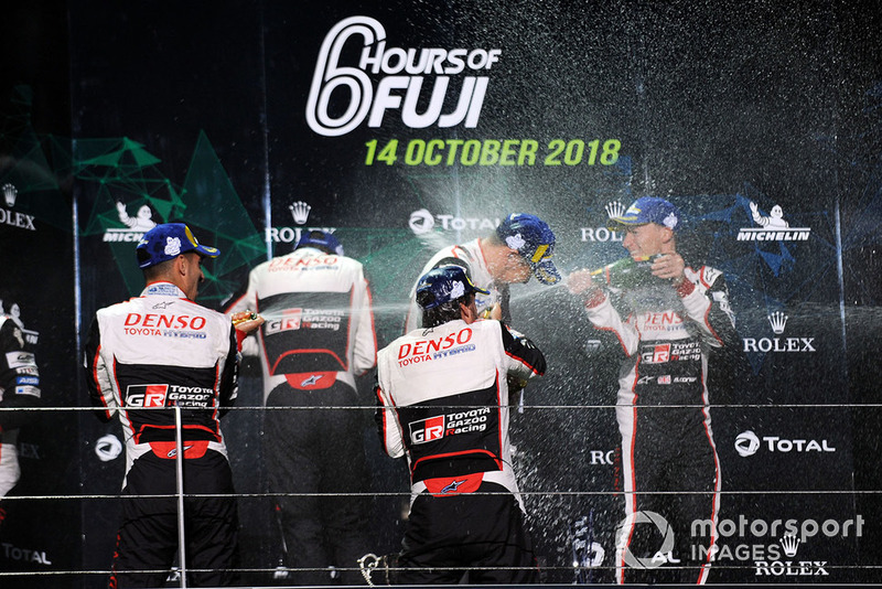 Podium LMP1: winners Mike Conway, Kamui Kobayashi, Jose Maria Lopez, Toyota Gazoo Racing, second place Sebastien Buemi, Kazuki Nakajima, Fernando Alonso, Toyota Gazoo Racing