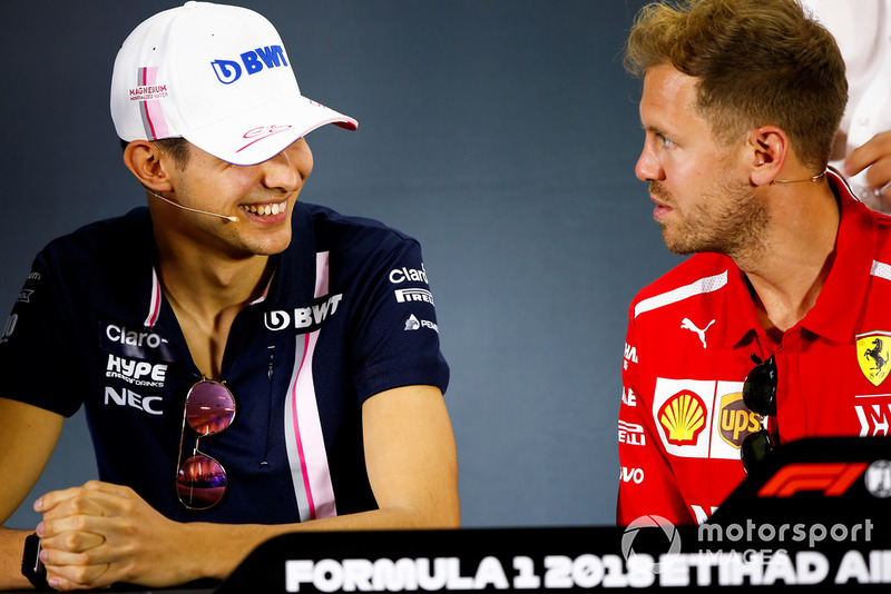 Esteban Ocon, Racing Point Force India, an Sebastian Vettel, Ferrari, in the press conference