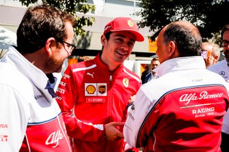 Frederic Vasseur, Team Principal, Alfa Romeo Racing and Charles Leclerc, Ferrari