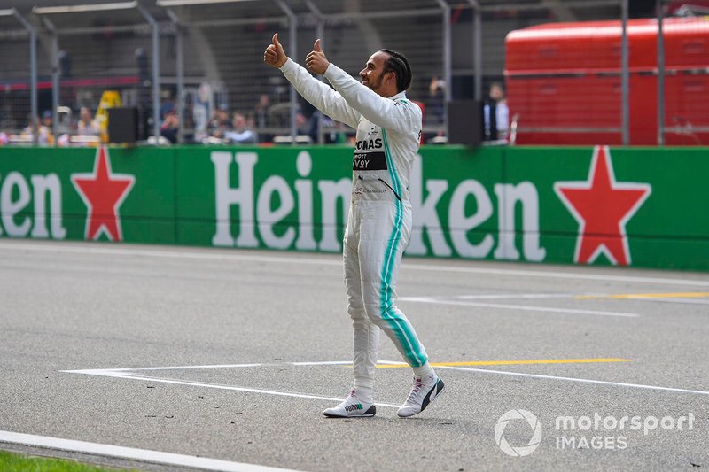 Lewis Hamilton, Mercedes AMG F1, 1st position, celebrates with the crowd after the race