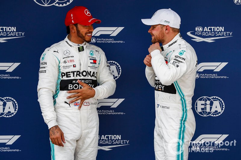 Front row starters Lewis Hamilton, Mercedes AMG F1, and pole man Valtteri Bottas, Mercedes AMG F1