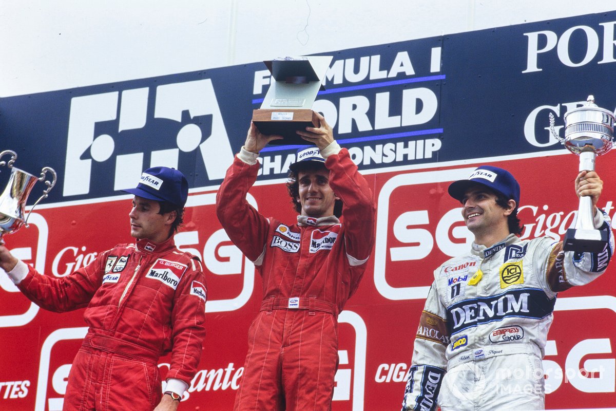 1987: Podio: el ganador Alain Prost, McLaren, segundo clasificado Gerhard Berger, Ferrari , tercero Nelson Piquet, Williams