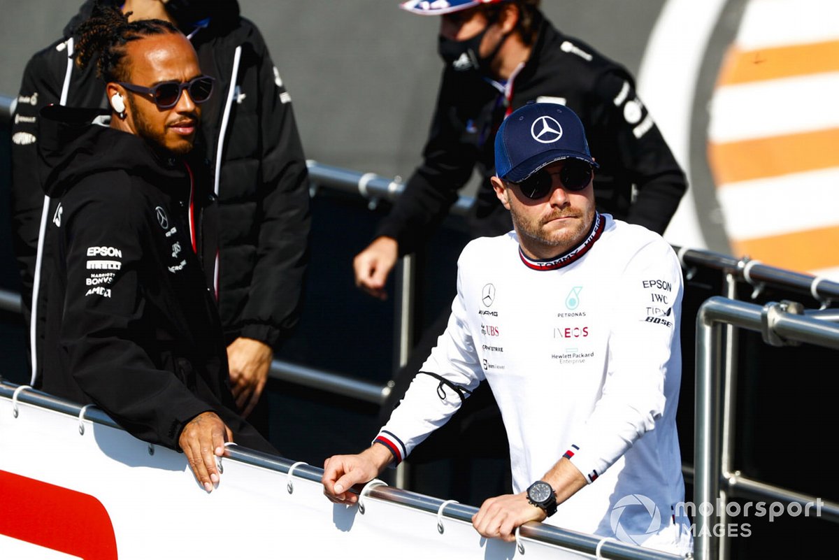 Lewis Hamilton, Mercedes, and Valtteri Bottas, Mercedes, in the drivers parade
