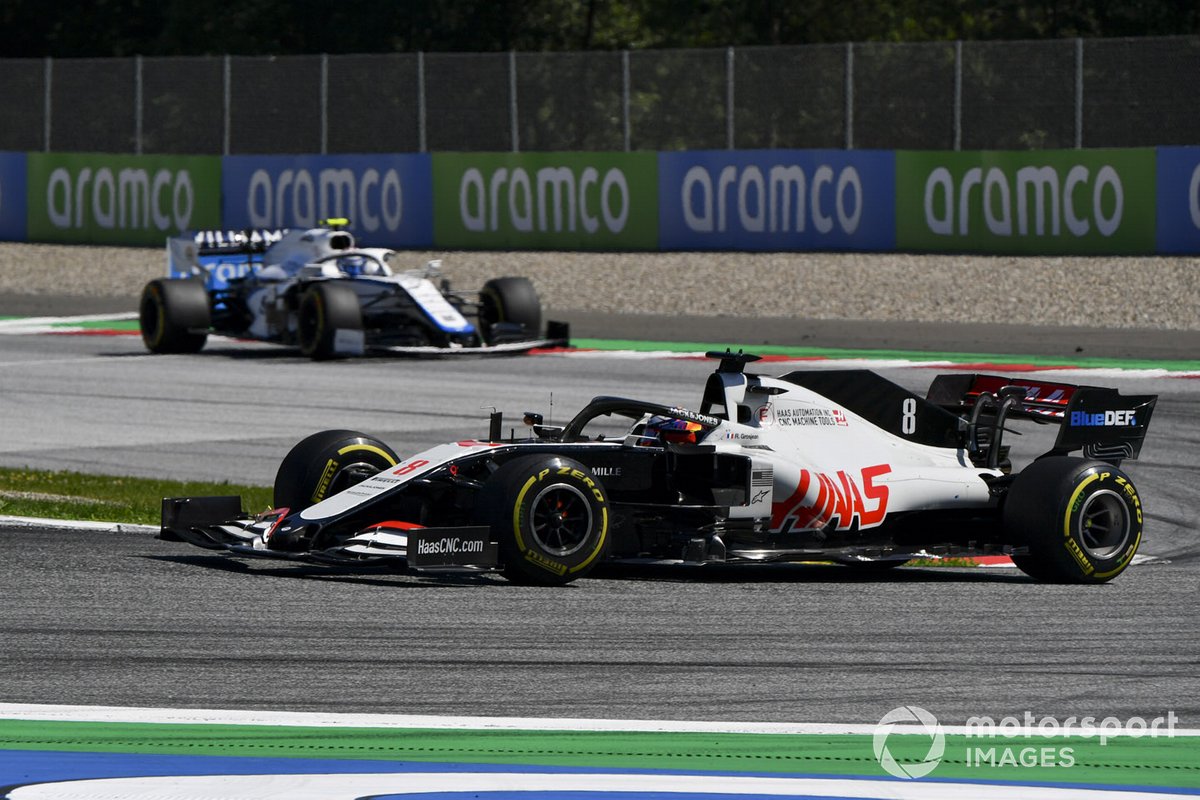 Romain Grosjean, Haas VF-20, leads Nicholas Latifi, Williams FW43