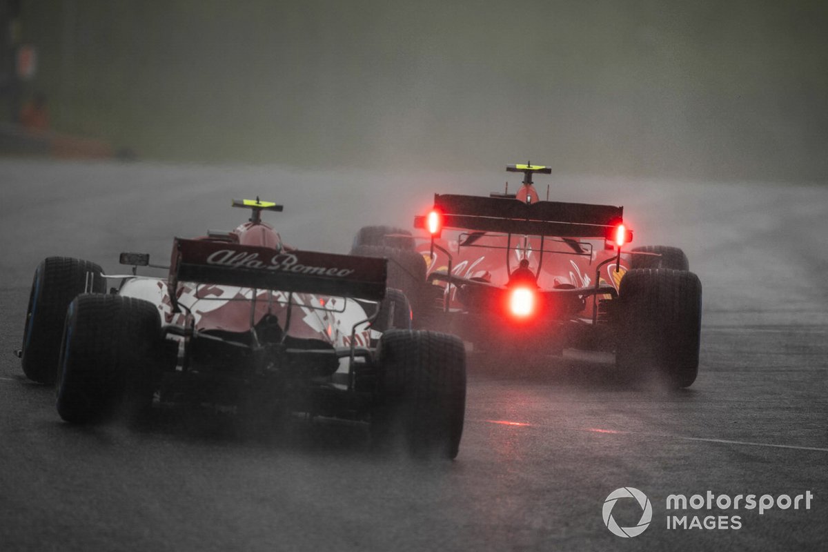 Charles Leclerc, Ferrari SF1000, leads Antonio Giovinazzi, Alfa Romeo Racing C39
