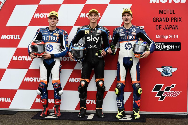 Il poleman Luca Marini, Sky Racing Team VR46, il secondo qualificato Augusto Fernandez, Pons HP40, il terzo qualificato Lorenzo Baldassarri, Pons HP40