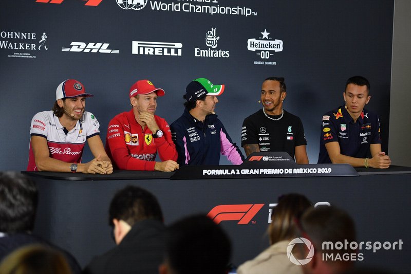 Antonio Giovinazzi, Alfa Romeo Racing, Sebastian Vettel, Ferrari, Sergio Perez, Racing Point, Lewis Hamilton, Mercedes AMG F1 et Alex Albon, Red Bull Racing, en conférence de presse