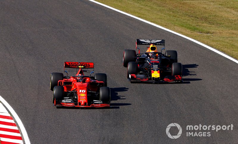 Charles Leclerc, Ferrari SF90, leads Max Verstappen, Red Bull Racing RB15