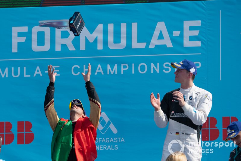 Antonio Felix da Costa, DS Techeetah, 2nd position, throws his trophy into the air on the podium