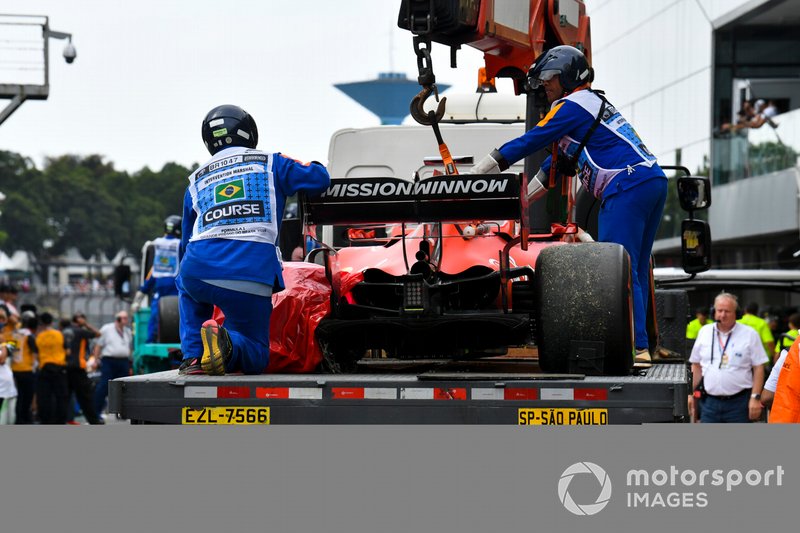 Damaged car of Sebastian Vettel, Ferrari SF90