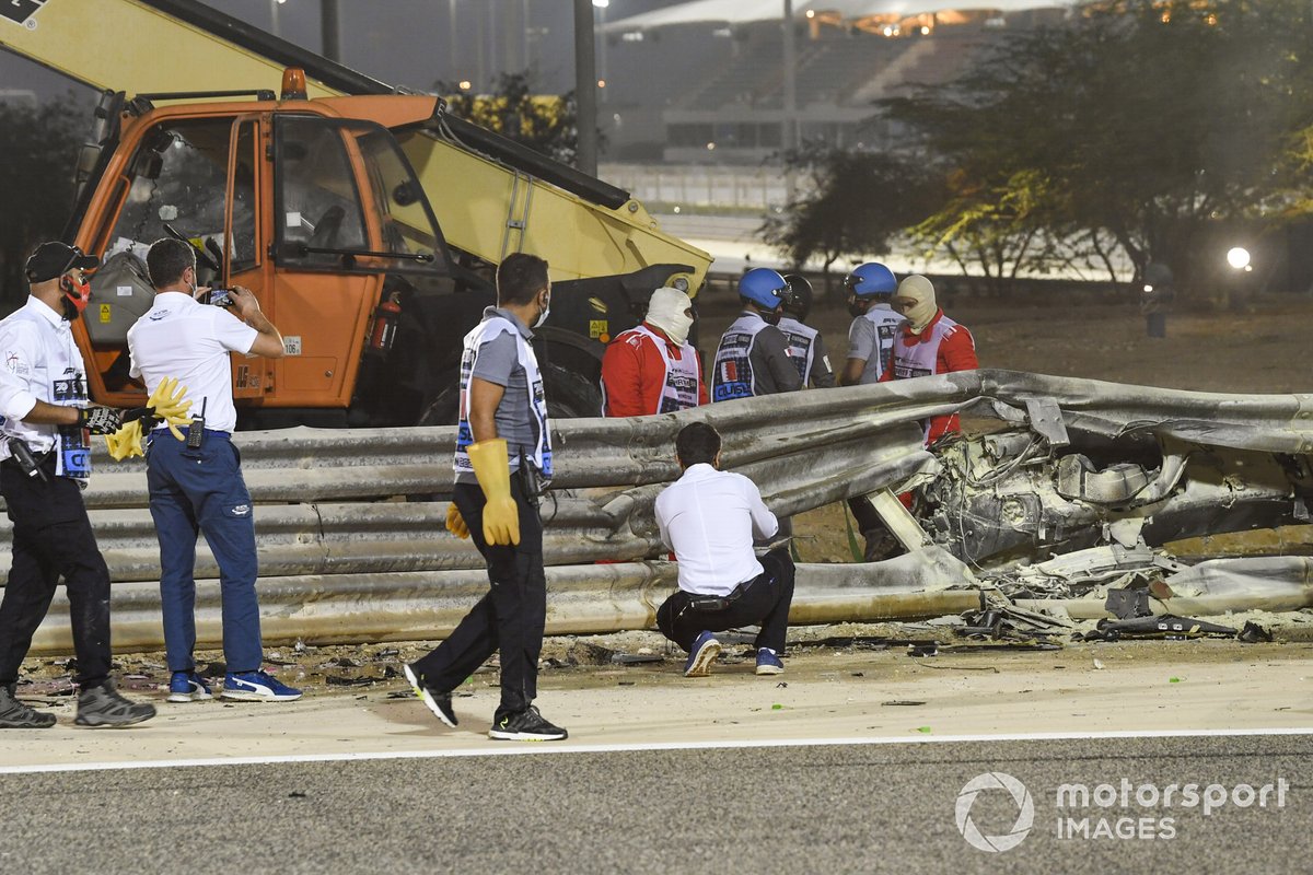 Michael Masi, Race Director, FIA, attends the scene of the huge crash for Romain Grosjean, Haas VF-20, on the opening lap
