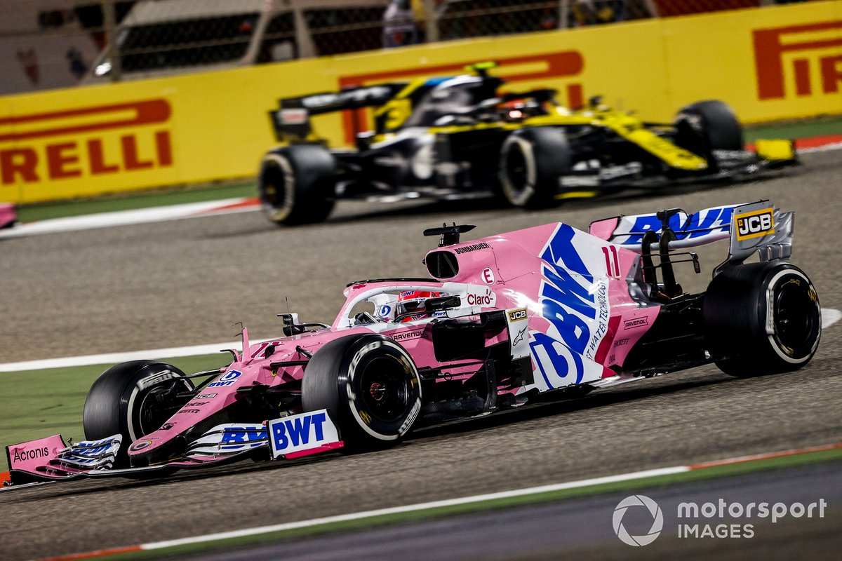 Sergio Perez, Racing Point RP20, leads Esteban Ocon, Renault R.S.20