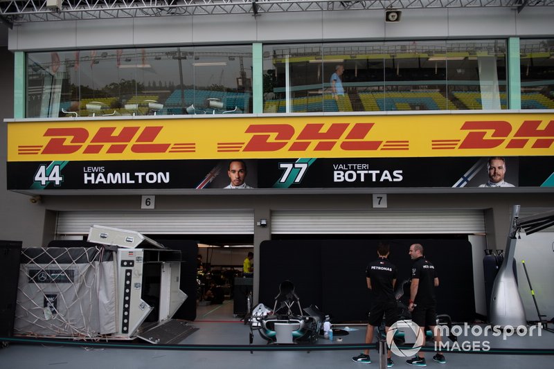 The Mercedes AMG F1 team's pit garage