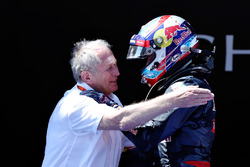 Max Verstappen, Red Bull Racing celebrates his first win in parc ferme with Dr Helmut Marko, Red Bul