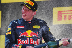 Winnaar Max Verstappen, Red Bull Racing viert met champagne op het podium
