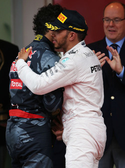 Race winner Lewis Hamilton, Mercedes AMG F1 celebrates on the podium with second placed Daniel Ricci