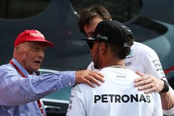 Niki Lauda, Mercedes Non-Executive Chairman with Toto Wolff, Mercedes AMG F1 Shareholder and Executive Director and Lewis Hamilton, Mercedes AMG F1