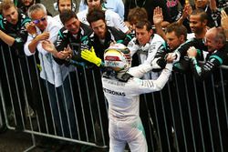 Lewis Hamilton, Mercedes AMG F1 celebrates his third position with the team in parc ferme