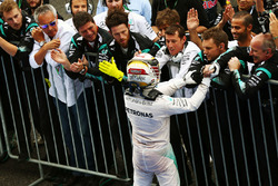 Lewis Hamilton, Mercedes AMG F1 celebrates his third position with the team in parc ferme