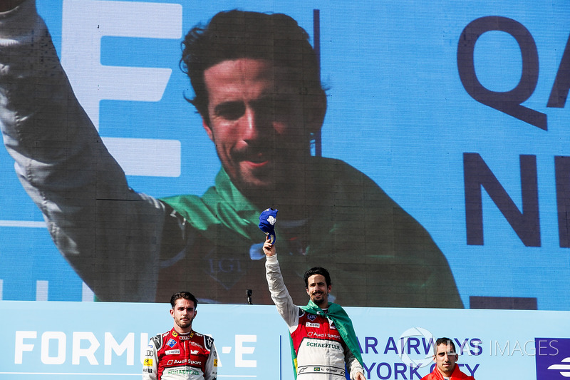 Daniel Abt, Audi Sport ABT Schaeffler, Lucas di Grassi, Audi Sport ABT Schaeffler, andSébastien Buemi, Renault e.Dams, celebrate on the podim after the race