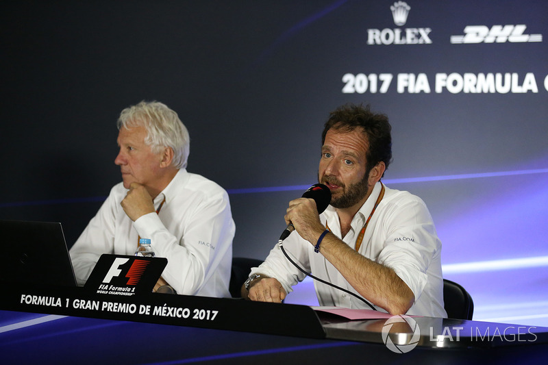 Charlie Whiting, FIA Delegate and Matteo Bonciani, FIA Media Delegate in the Press Conference discussing the Kimi Raikkonen, Ferrari and Max Verstappen, Red Bull Racing incident at United States Grand Prix
