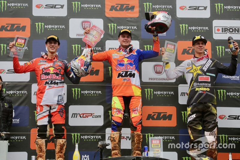 Podio MX2: Jorge Prado, Pauls Jonass, Thomas Kjer Olsen