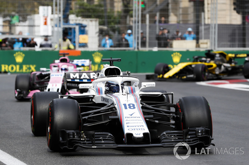 Lance Stroll, Williams FW41 Mercedes, Sergio Perez, Force India VJM11 Mercedes, y Nico Hulkenberg, Renault Sport F1 Team R.S. 18