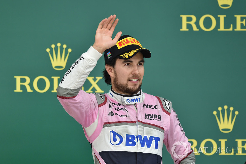 Sergio Perez, Force India celebrates on the podium