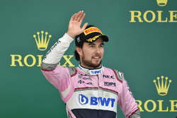Sergio Perez, Force India celebrates on the podium