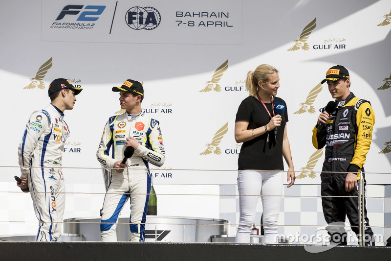 Sergio Sette Camara, Carlin, Lando Norris, Carlin, Artem Markelov, RUSSIAN TIME, interviewed on the podium