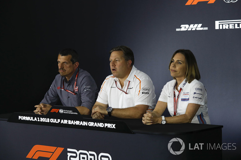 Guenther Steiner, Haas F1 Team Principal, Zak Brown, McLaren Executive Director and Claire Williams, Williams Deputy Team Principal in the Press Conference