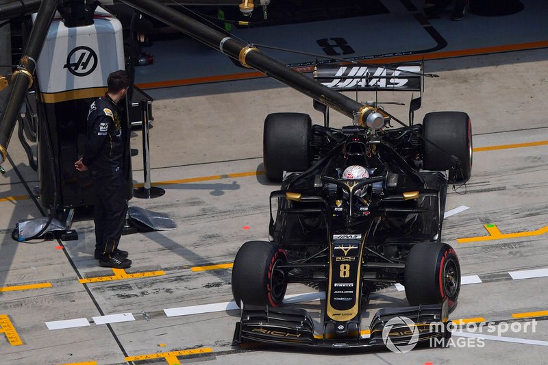 Romain Grosjean, Haas F1 Team VF-19, leaves the garage