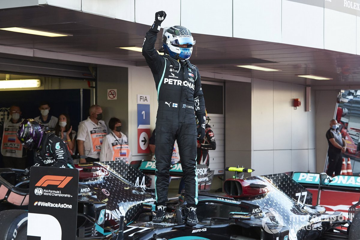 Valtteri Bottas, Mercedes-AMG F1, 1st position, celebrates on arrival in Parc Ferme