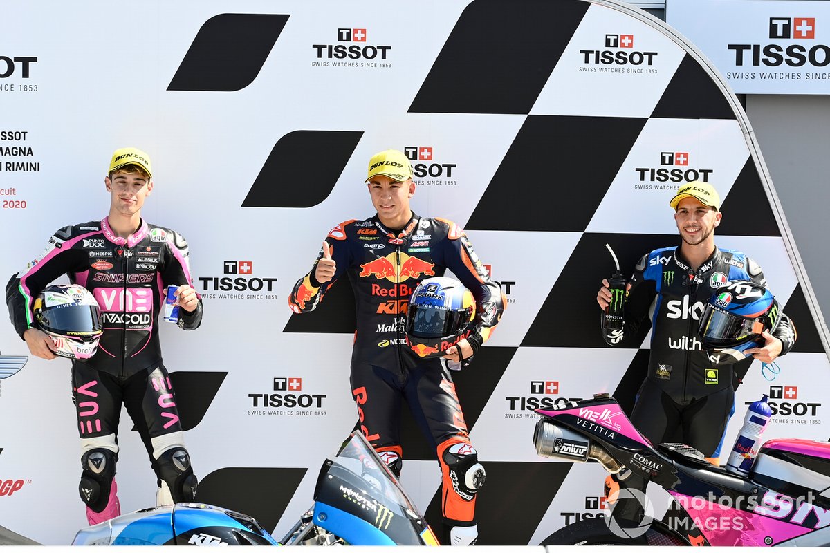 Tony Arbolino, Snipers Team, Pole winner Raul Fernandez, Red Bull KTM Ajo, Andrea Migno, Sky Racing Team VR46
