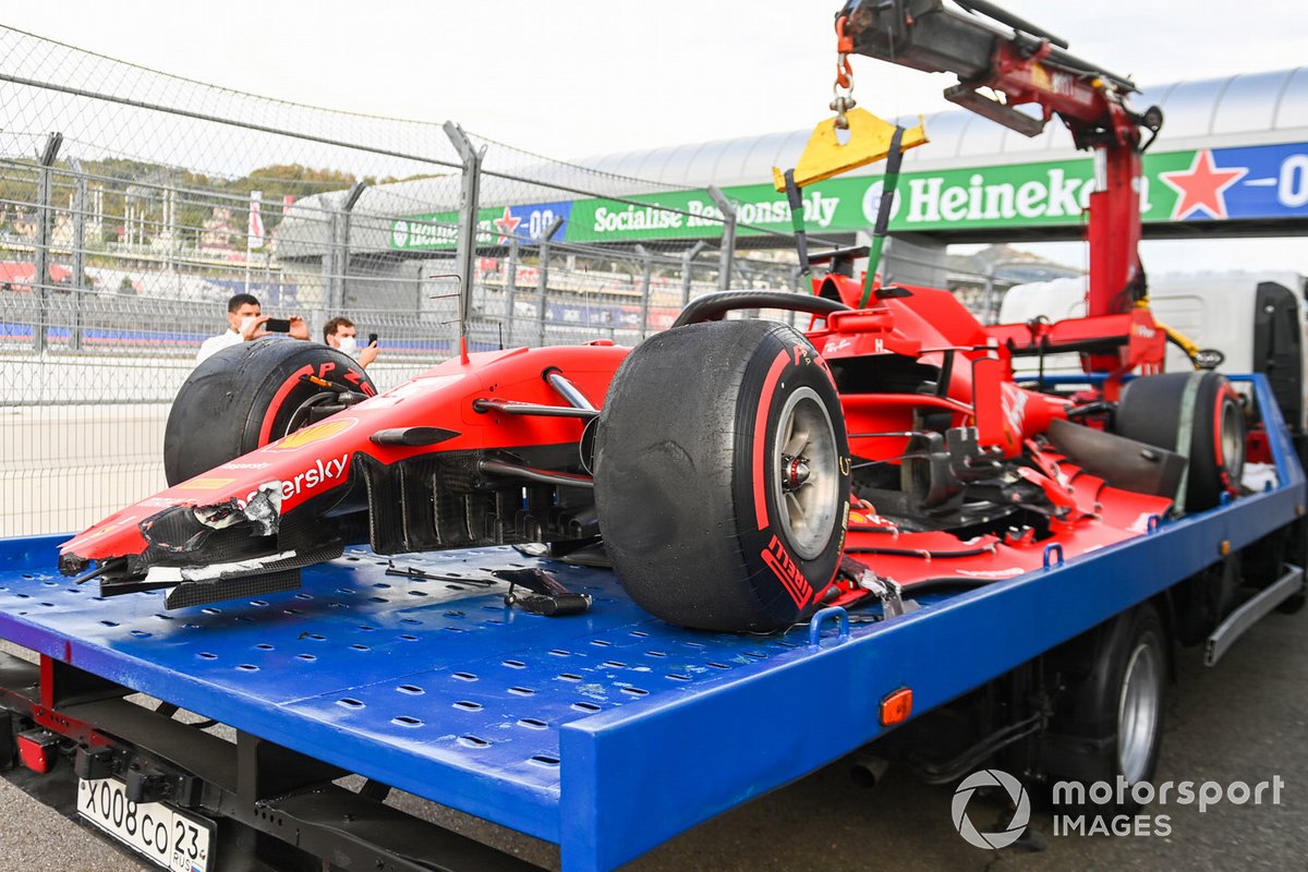 The damaged car of Sebastian Vettel, Ferrari SF1000, on a truck