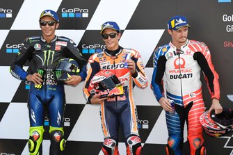 Pole sitter Marc Marquez, Repsol Honda Team, secondo classificato Valentino Rossi, Yamaha Factory Racing, terzo classificato Jack Miller, Pramac Racing