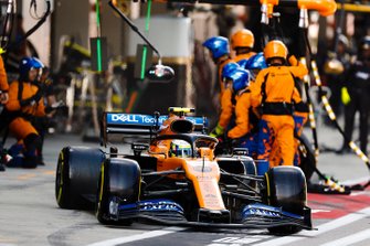 Lando Norris, McLaren MCL34, leaves his pit box after a stop