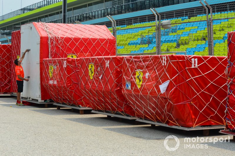 Freight belonging to Ferrari on the pit straight