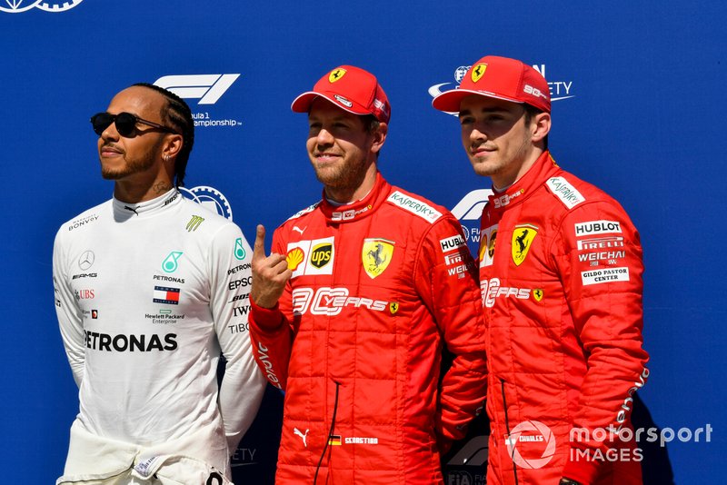 Top three Qualifiers Lewis Hamilton, Mercedes AMG F1, pole man Sebastian Vettel, Ferrari, and Charles Leclerc, Ferrari