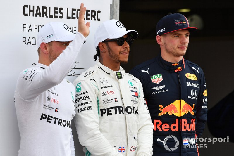 Top 3 Qualifiche: Valtteri Bottas, Mercedes AMG F1, il poleman Lewis Hamilton, Mercedes AMG F1, e Max Verstappen, Red Bull Racing