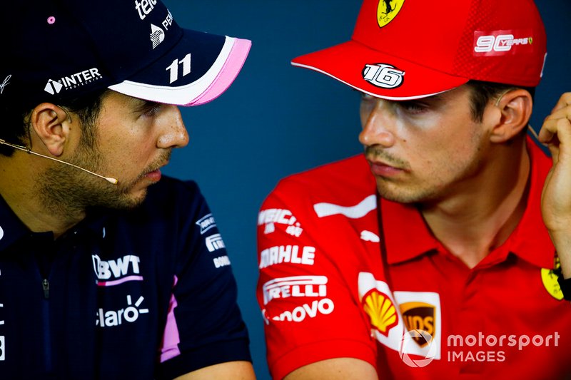 Sergio Pérez, Racing Point y Charles Leclerc, Ferrari en la conferencia de prensa