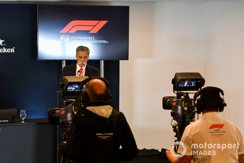 Chase Carey, Presidente della Formula 1, durante la conferenza stampa di presentazione del regolamento tecnico 2021 della Formula 1