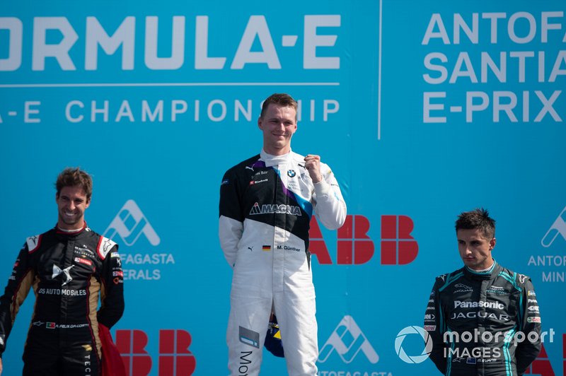 Race winner Maximilian Günther, BMW I Andretti Motorsports on the podium with Antonio Felix da Costa, DS Techeetah, 2nd position, Mitch Evans, Jaguar Racing, 3rd position