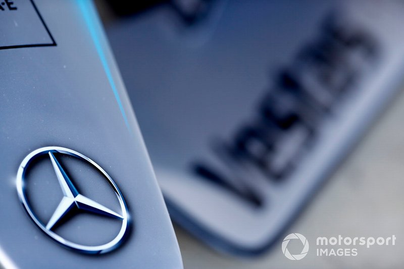 Mercedes-Benz badge on the nose of the EQ Silver Arrow 01
