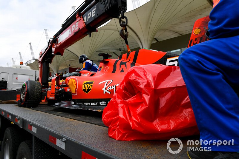 Damaged car of Sebastian Vettel, Ferrari SF90