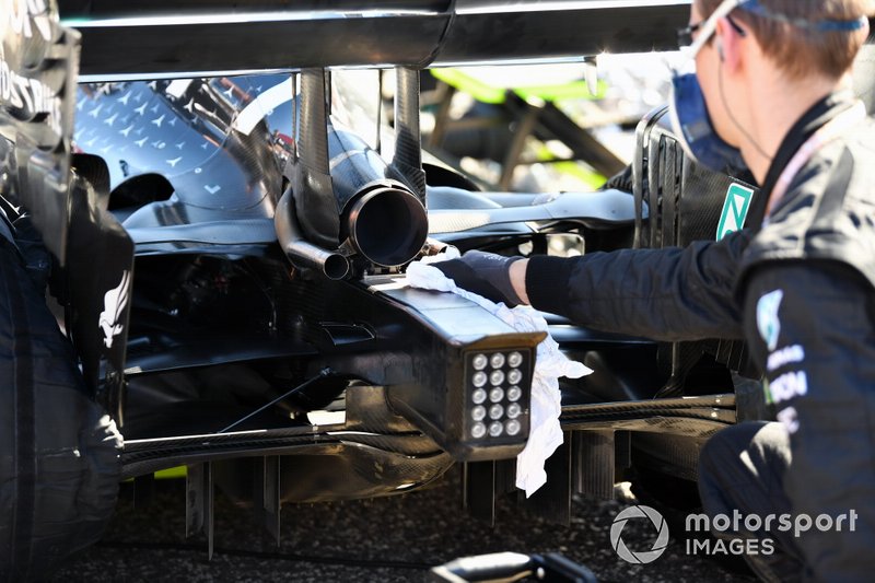 Exhaust, light and diffuser details on the car of Valtteri Bottas, Mercedes AMG W10