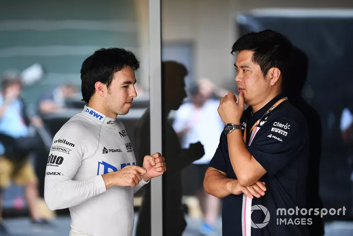 Sergio Perez, Racing Point Force India e Jun Matsuzaki, Senior Tyre Engineer, Racing Point Force India F1 Team
